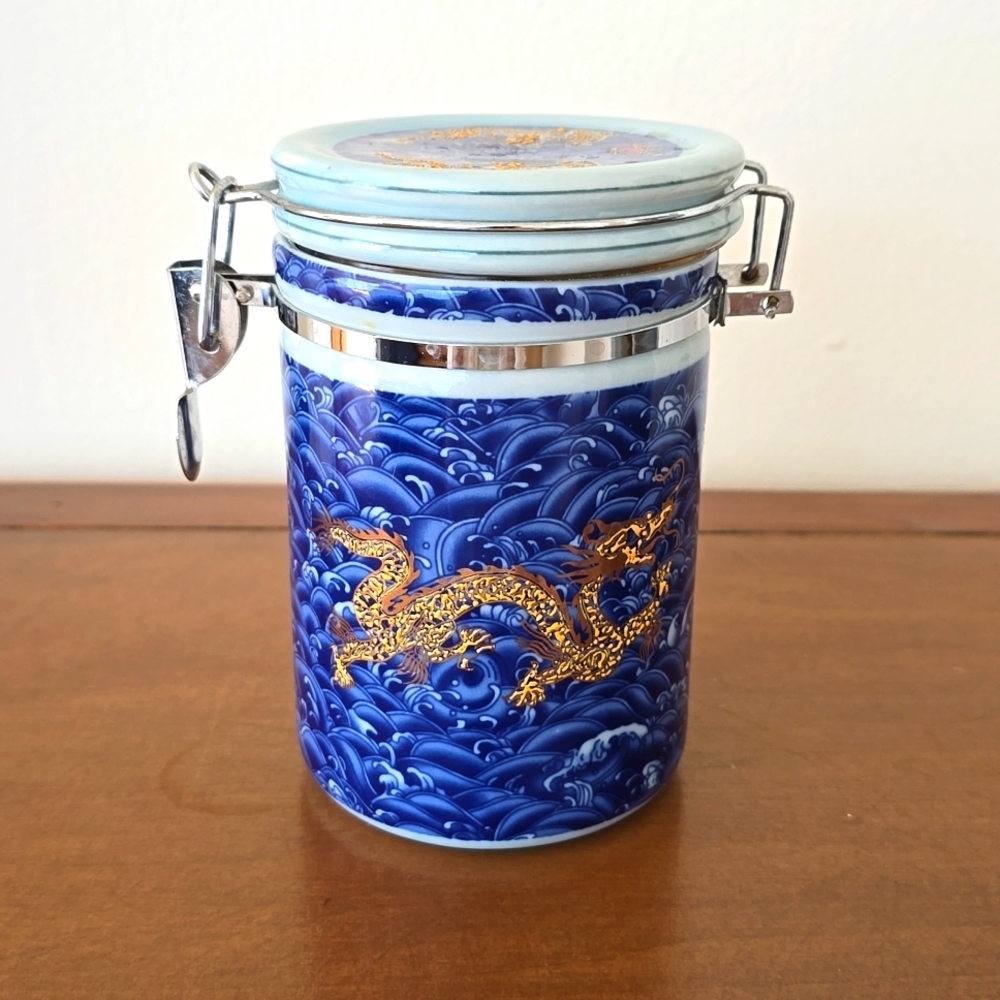 Vintage Blue & Gold Porcelain Dragon Jar Canister with Hinged Seal Lid 5.5"H